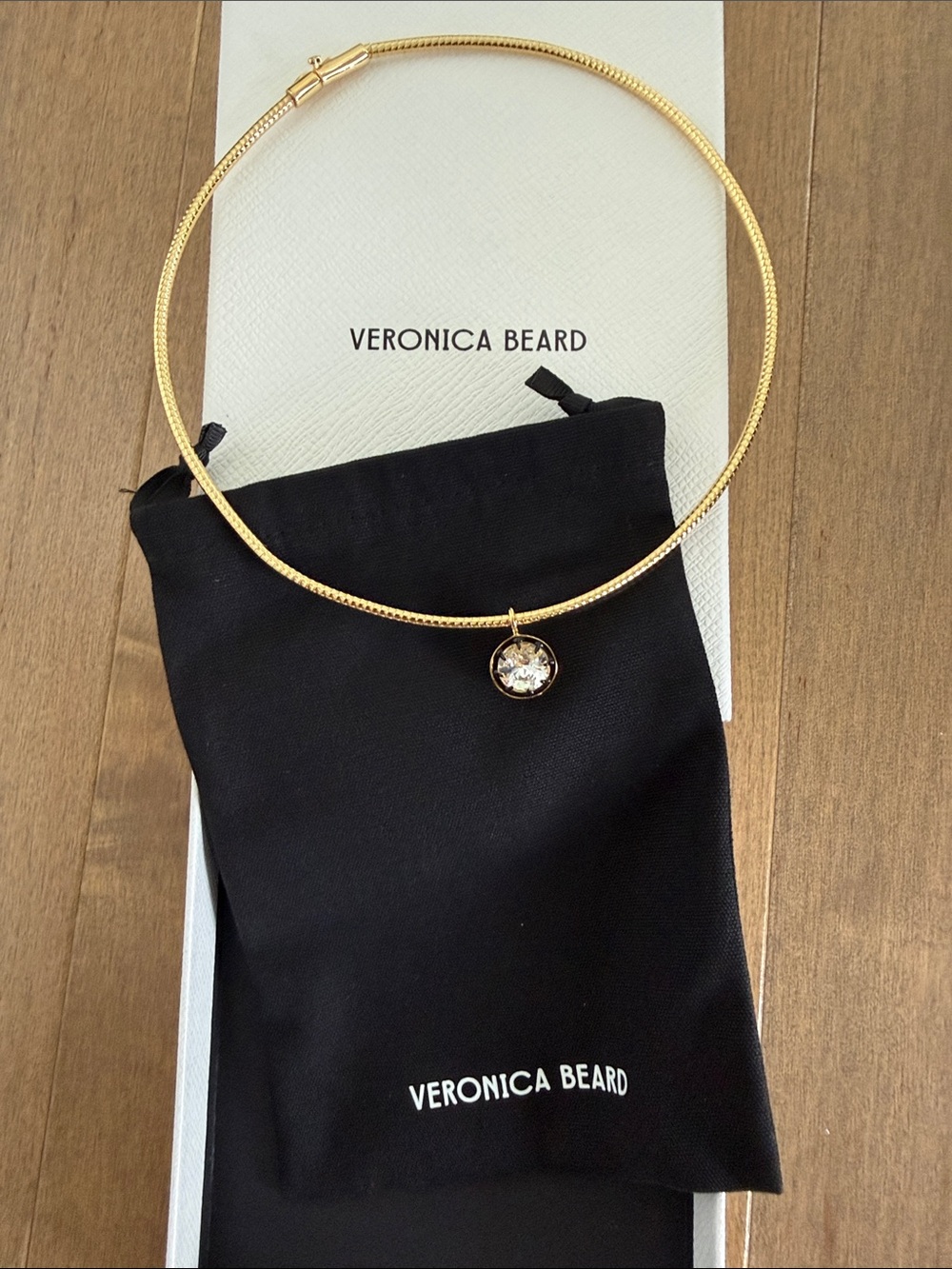 Veronica Beard Never-Worn Gold-Tone Snake Chain Necklace w Clear Crystal Pendant